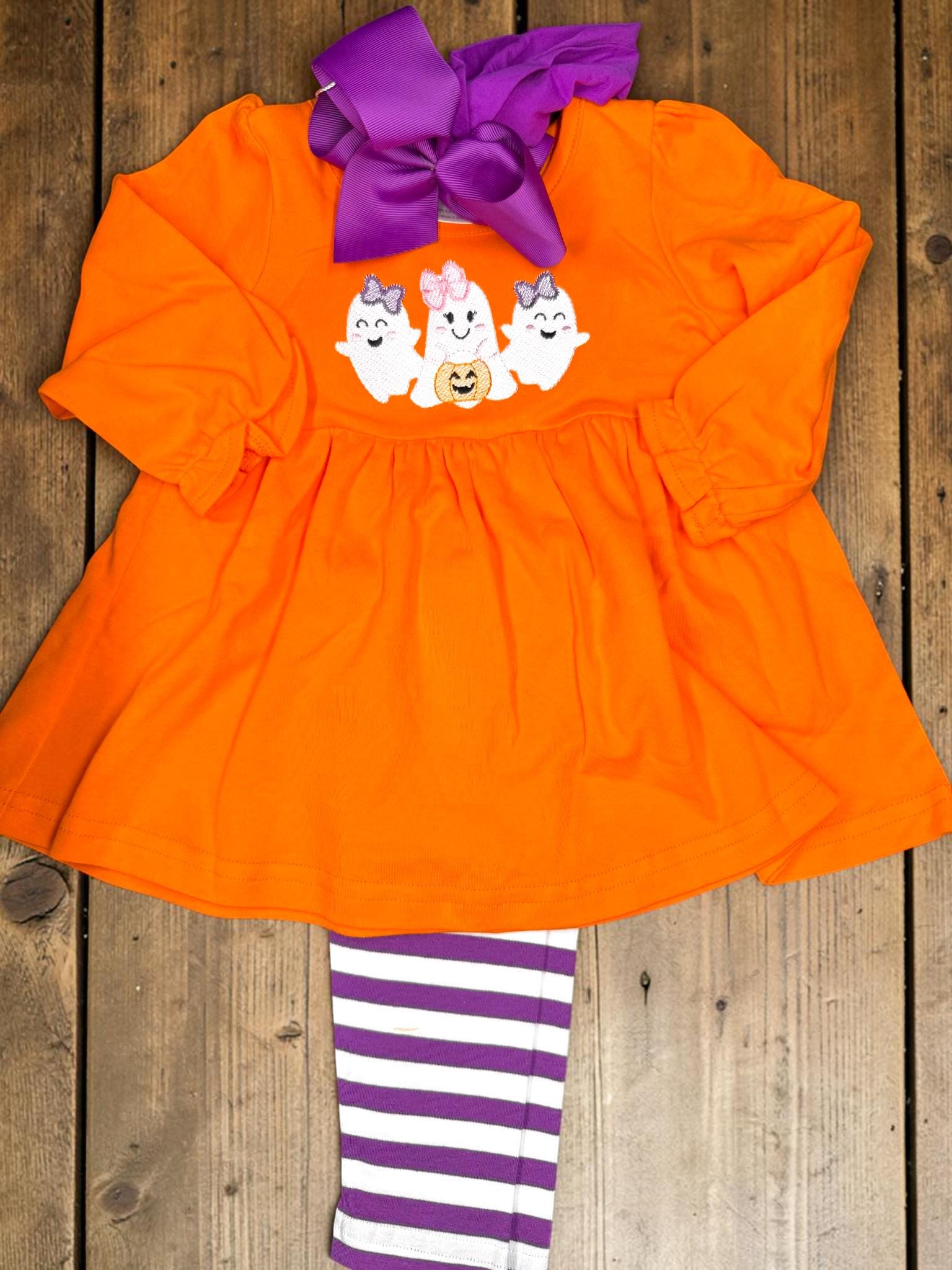 Girls Halloween Ghost Dress | Orange Embroidered Tunic | Toddler Halloween Outfit | Pumpkin Patch