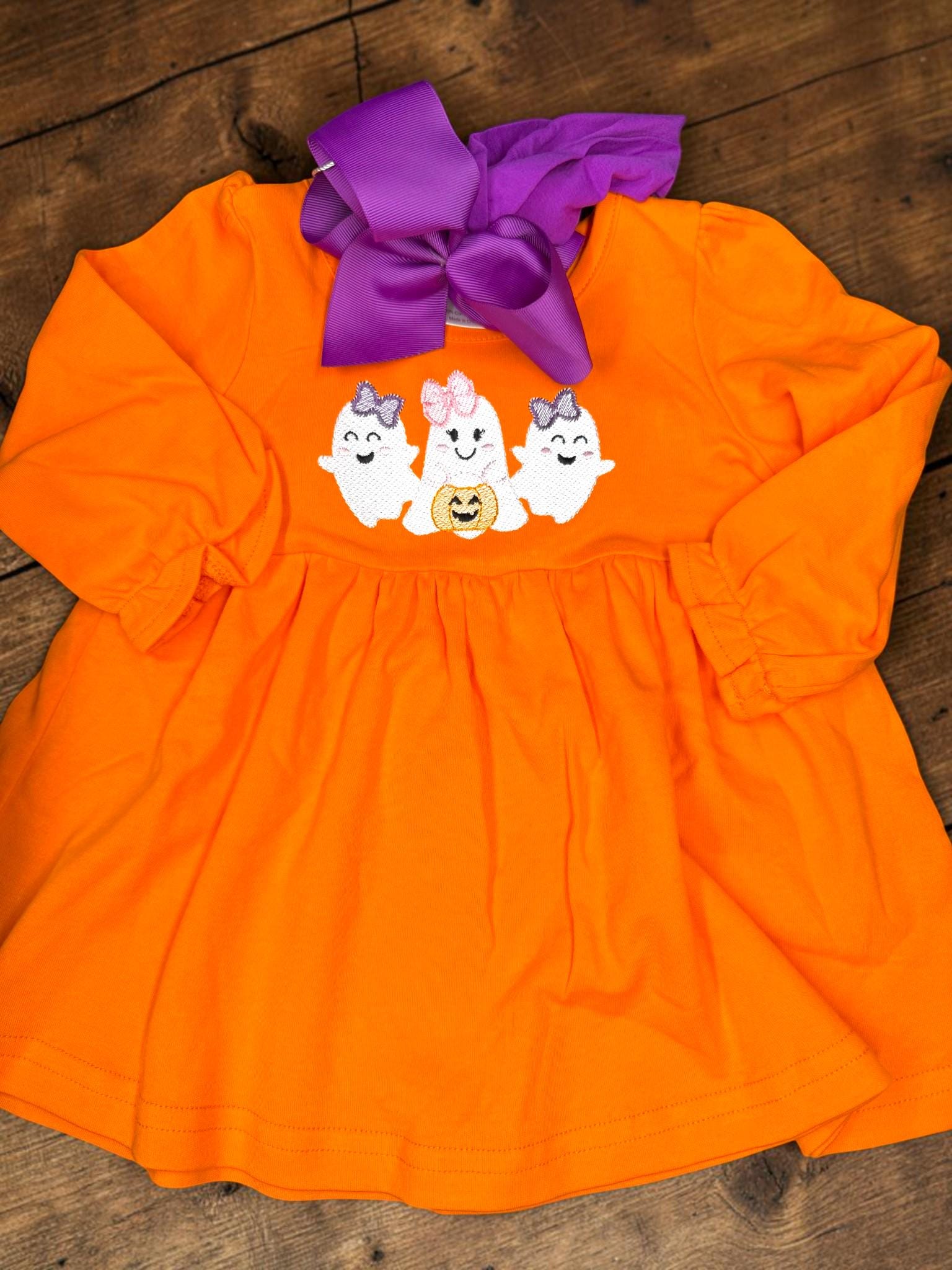 Girls Halloween Ghost Dress | Orange Embroidered Tunic | Toddler Halloween Outfit | Pumpkin Patch
