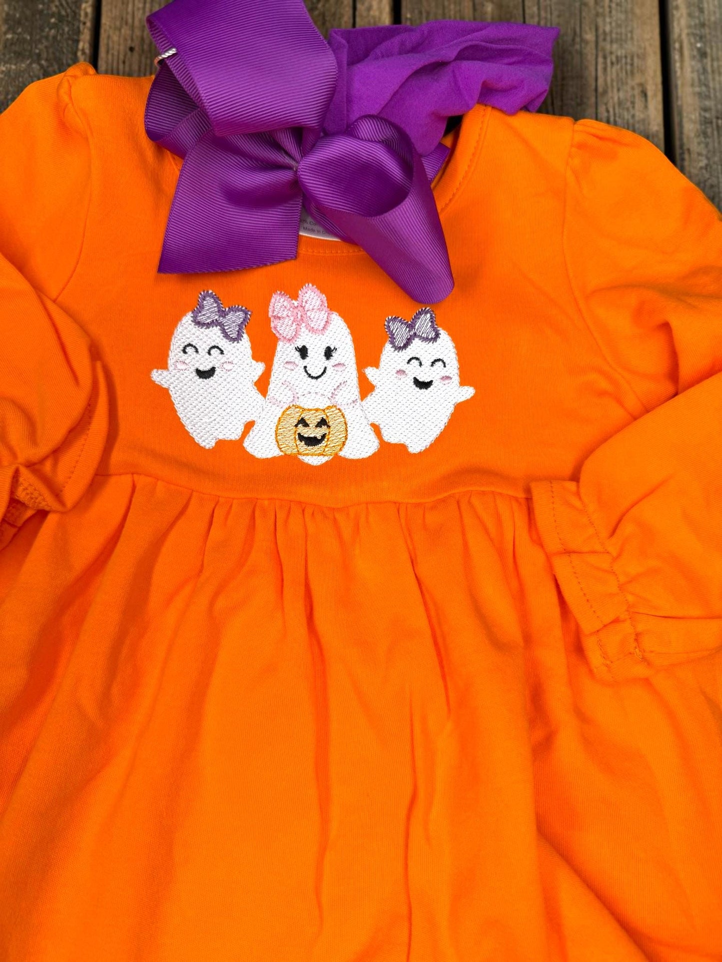 Girls Halloween Ghost Dress | Orange Embroidered Tunic | Toddler Halloween Outfit | Pumpkin Patch