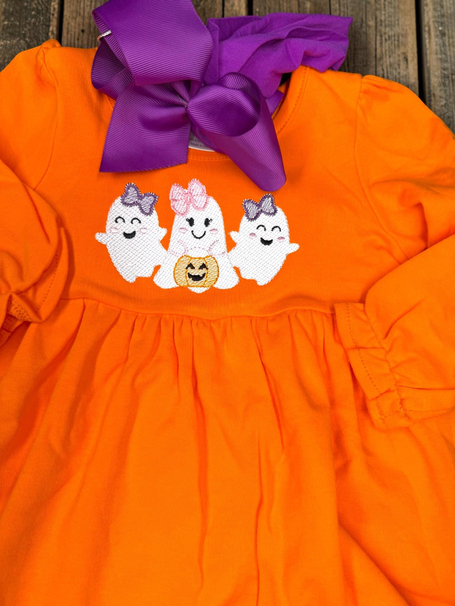 Girls Halloween Ghost Dress | Orange Embroidered Tunic | Toddler Halloween Outfit | Pumpkin Patch