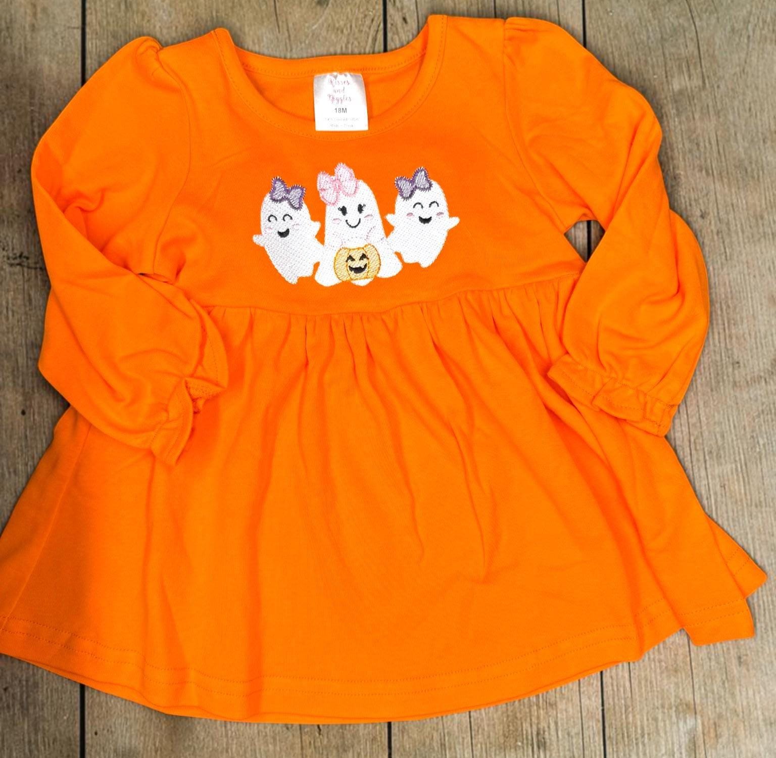 Girls Halloween Ghost Dress | Orange Embroidered Tunic | Toddler Halloween Outfit | Pumpkin Patch