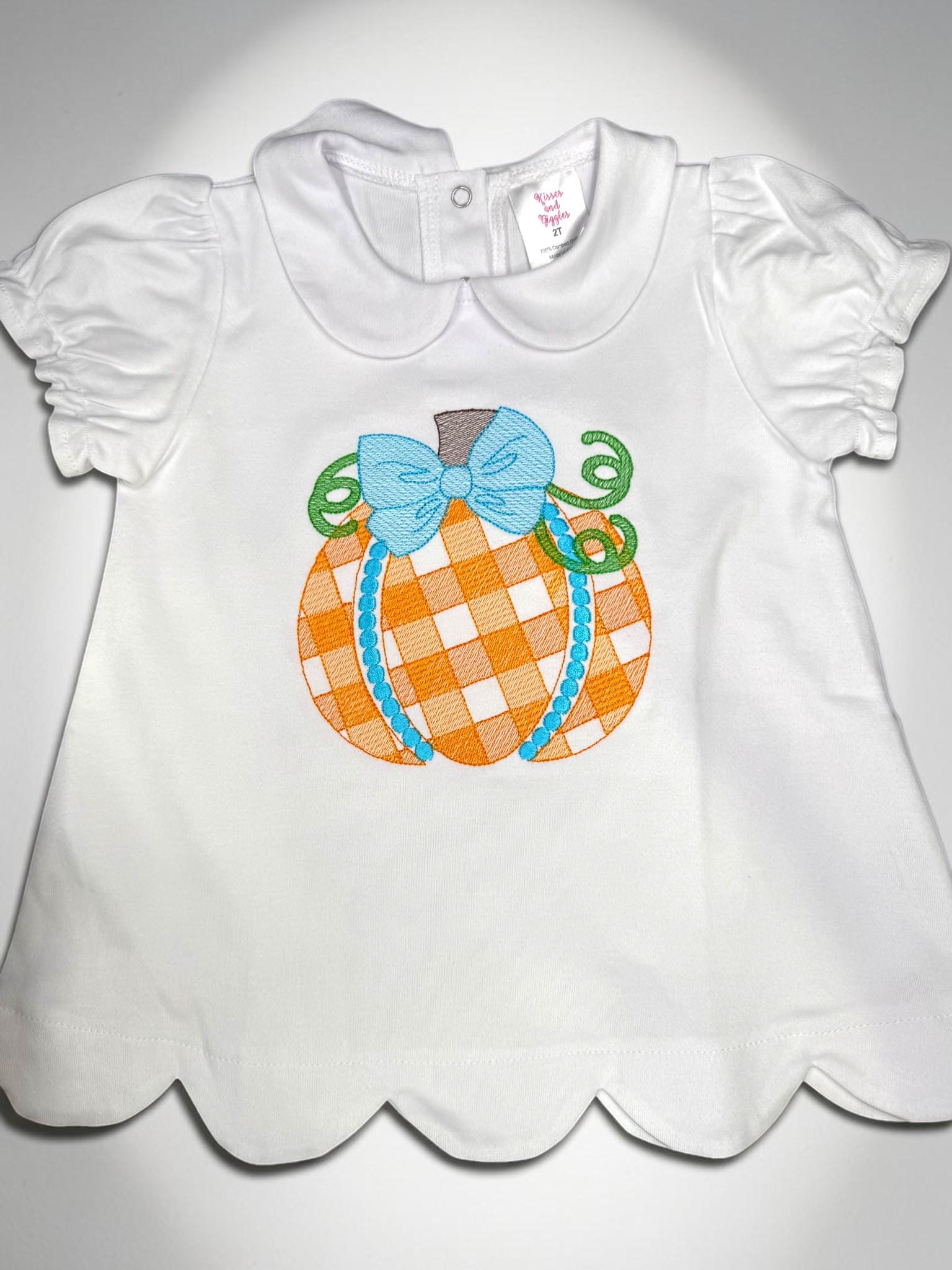 Girls Fall Pumpkin Shirt, Embroidered Gingham Pumpkin Top, Blue Bow Pumpkin Shirt, Toddler Fall Outfit, Girls Thanksgiving Shirt