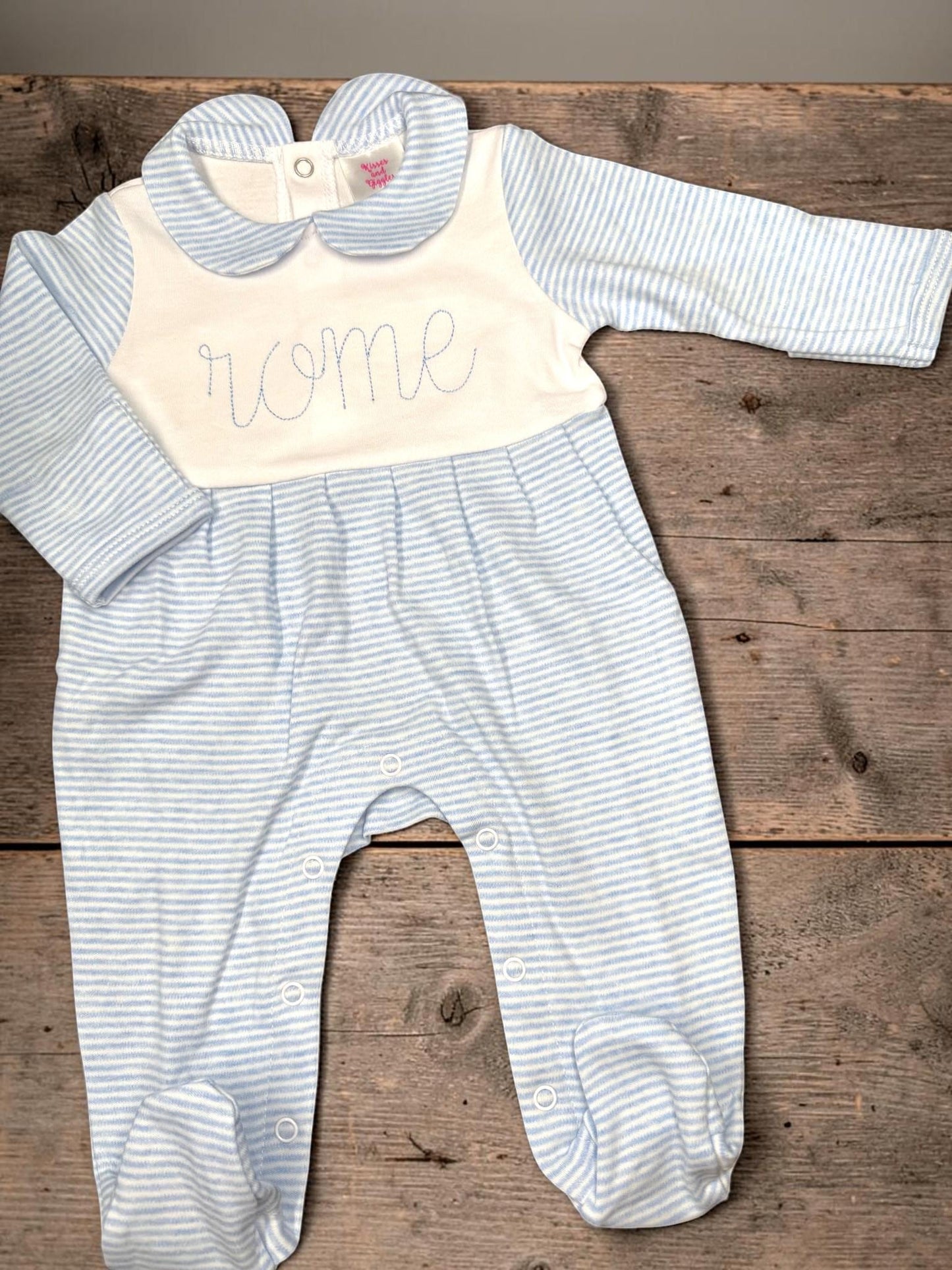 Personalized Baby Boy Footie Romper | Blue Stripe Coming Home Outfit