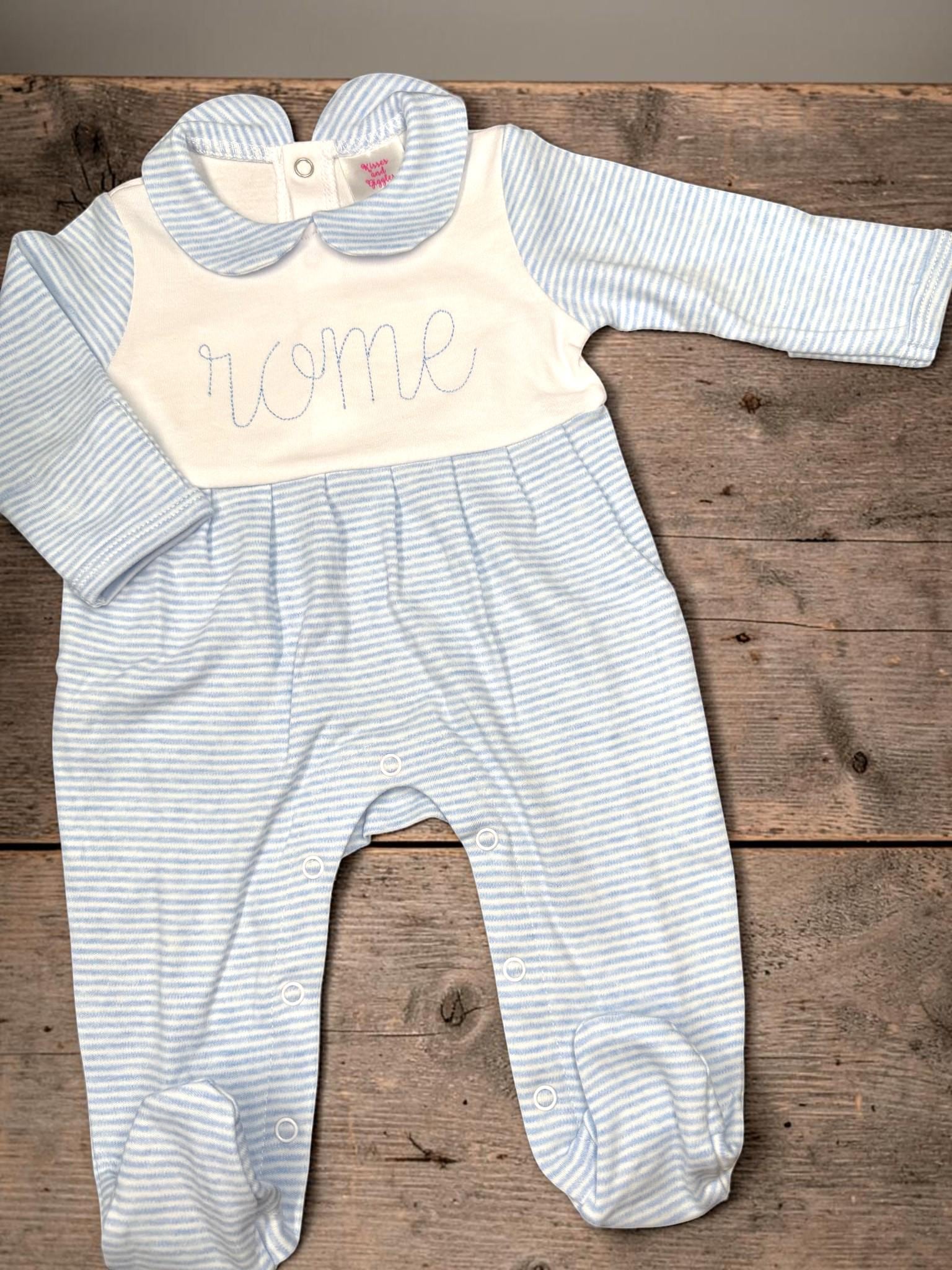 Personalized Baby Boy Footie Romper | Blue Stripe Coming Home Outfit
