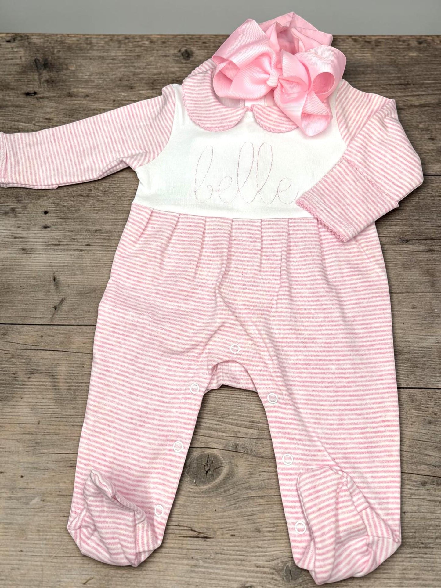 Personalized Baby Girl Footie Romper | Embroidered Name Pink Stripe Coming Home Outfit | Newborn Girl Baby Gift
