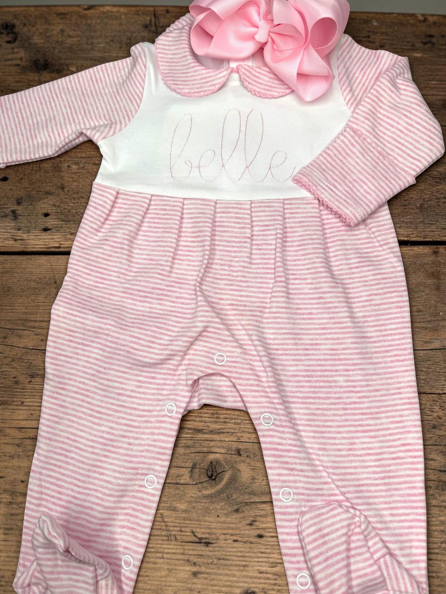 Personalized Baby Girl Footie Romper | Embroidered Name Pink Stripe Coming Home Outfit | Newborn Girl Baby Gift