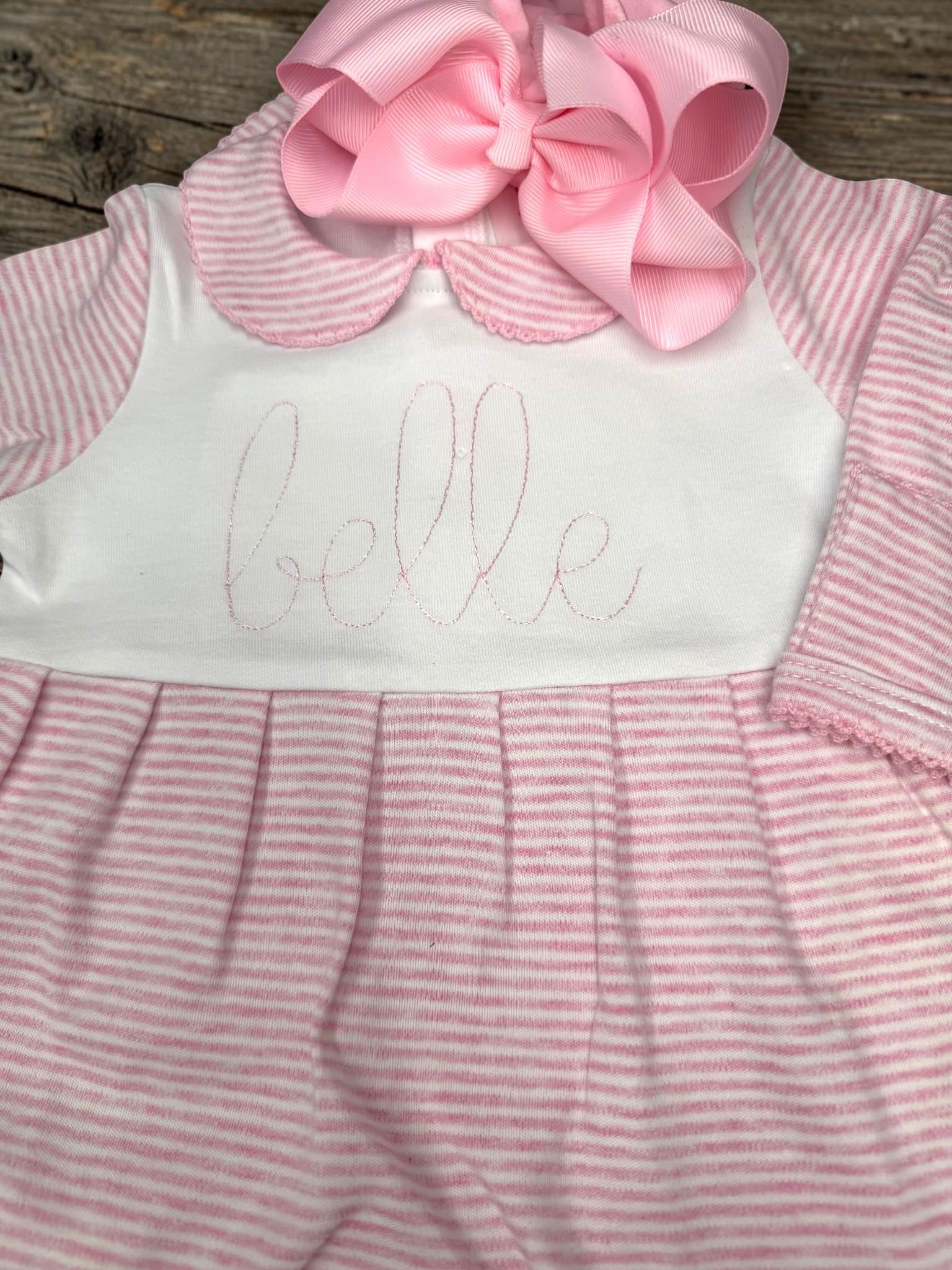 Personalized Baby Girl Footie Romper | Embroidered Name Pink Stripe Coming Home Outfit | Newborn Girl Baby Gift