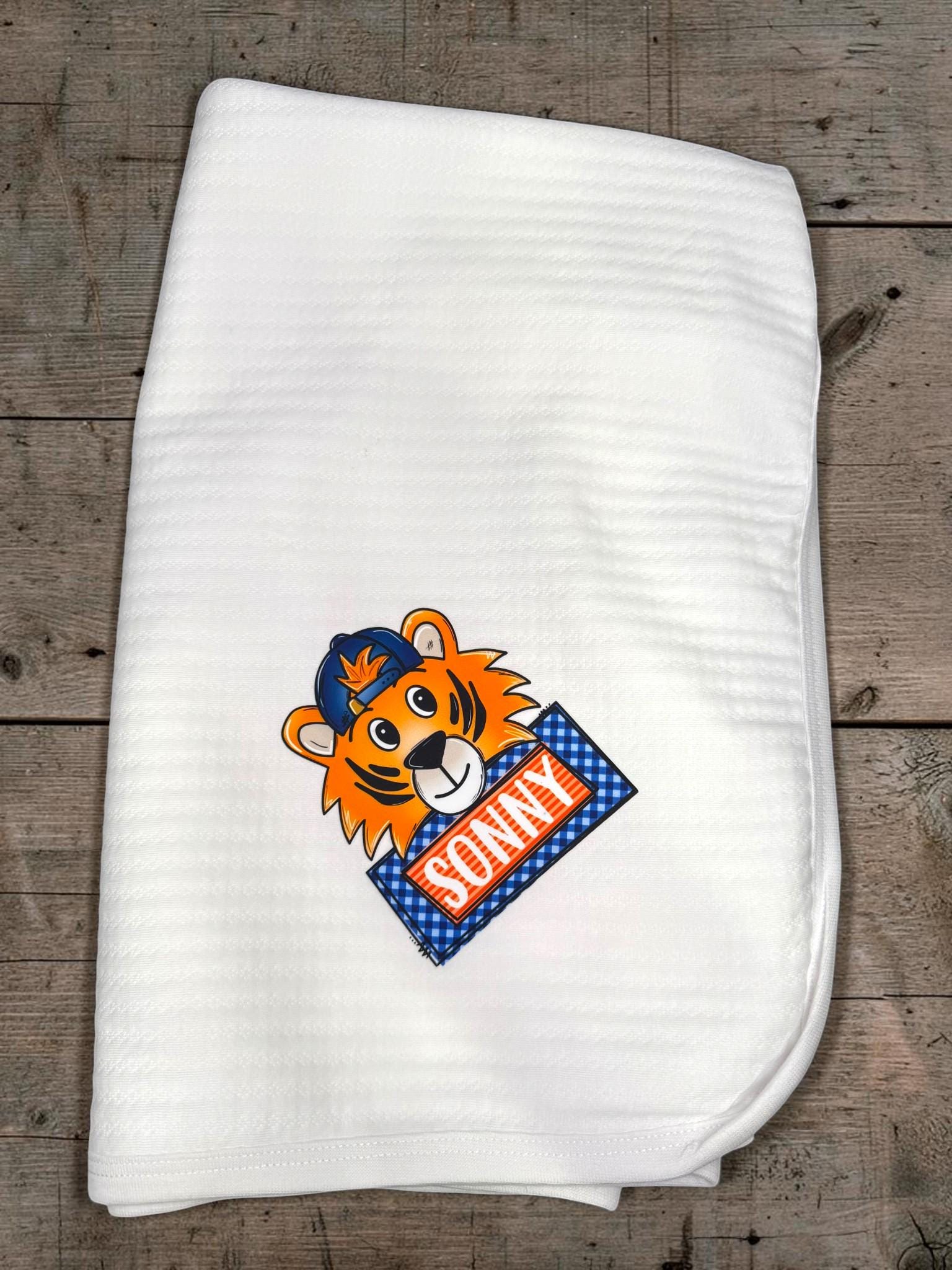 Personalized Tiger Baby Gift Set, Orange Blue Game Day Baby Blanket, Bib, Burp Cloth, Team Spirit Newborn Gift