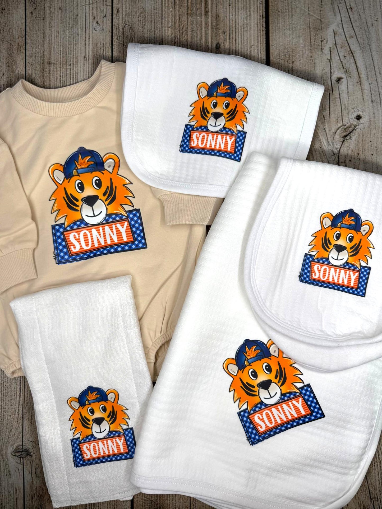 Personalized Tiger Baby Gift Set, Orange Blue Game Day Baby Blanket, Bib, Burp Cloth, Team Spirit Newborn Gift