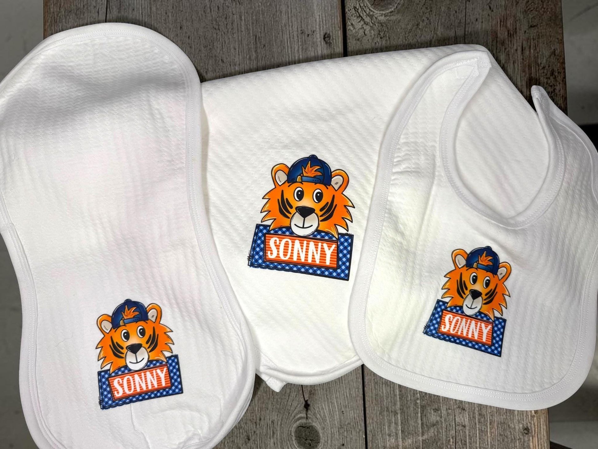 Personalized Tiger Baby Gift Set, Orange Blue Game Day Baby Blanket, Bib, Burp Cloth, Team Spirit Newborn Gift