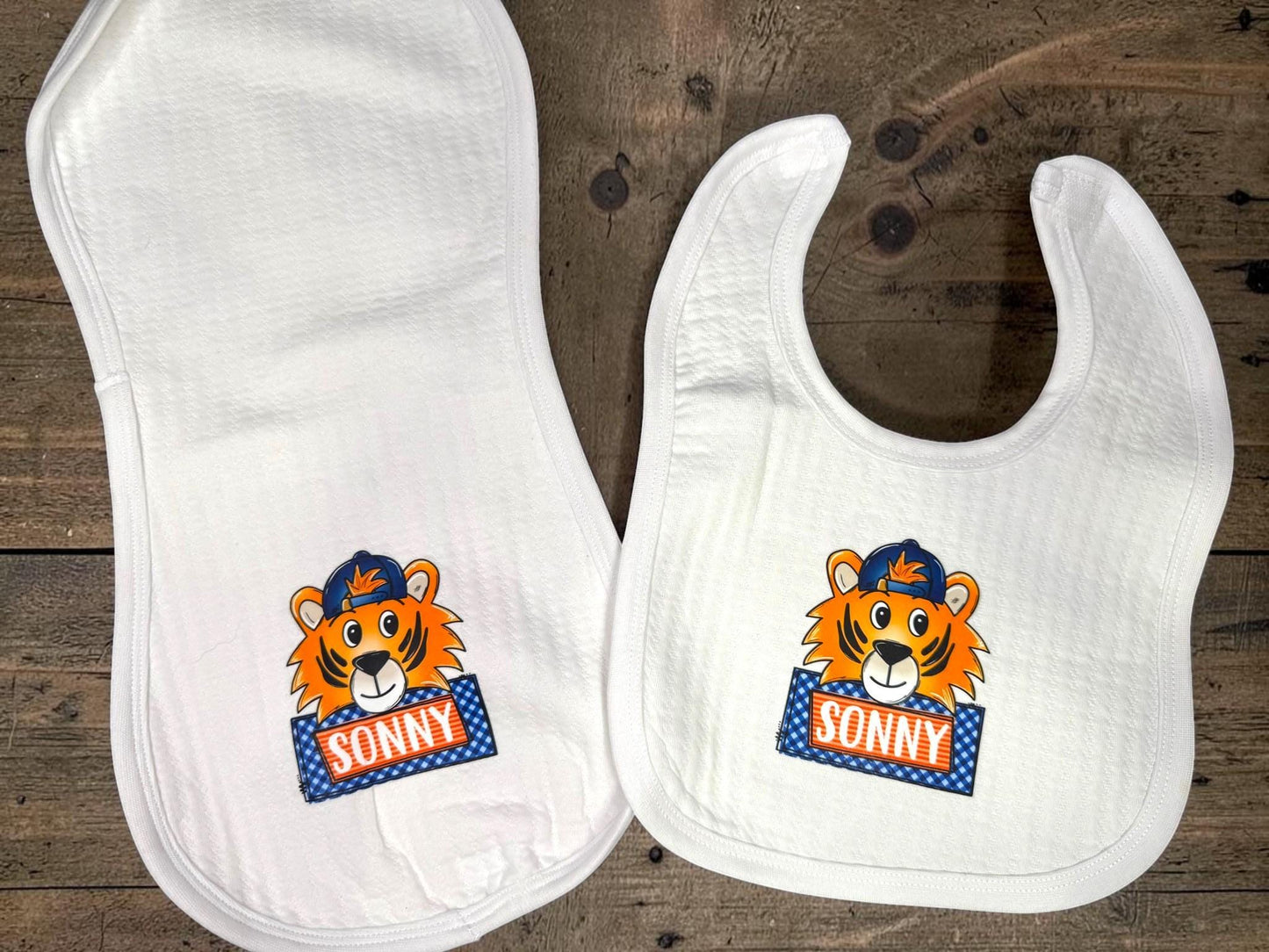 Personalized Tiger Baby Gift Set, Orange Blue Game Day Baby Blanket, Bib, Burp Cloth, Team Spirit Newborn Gift