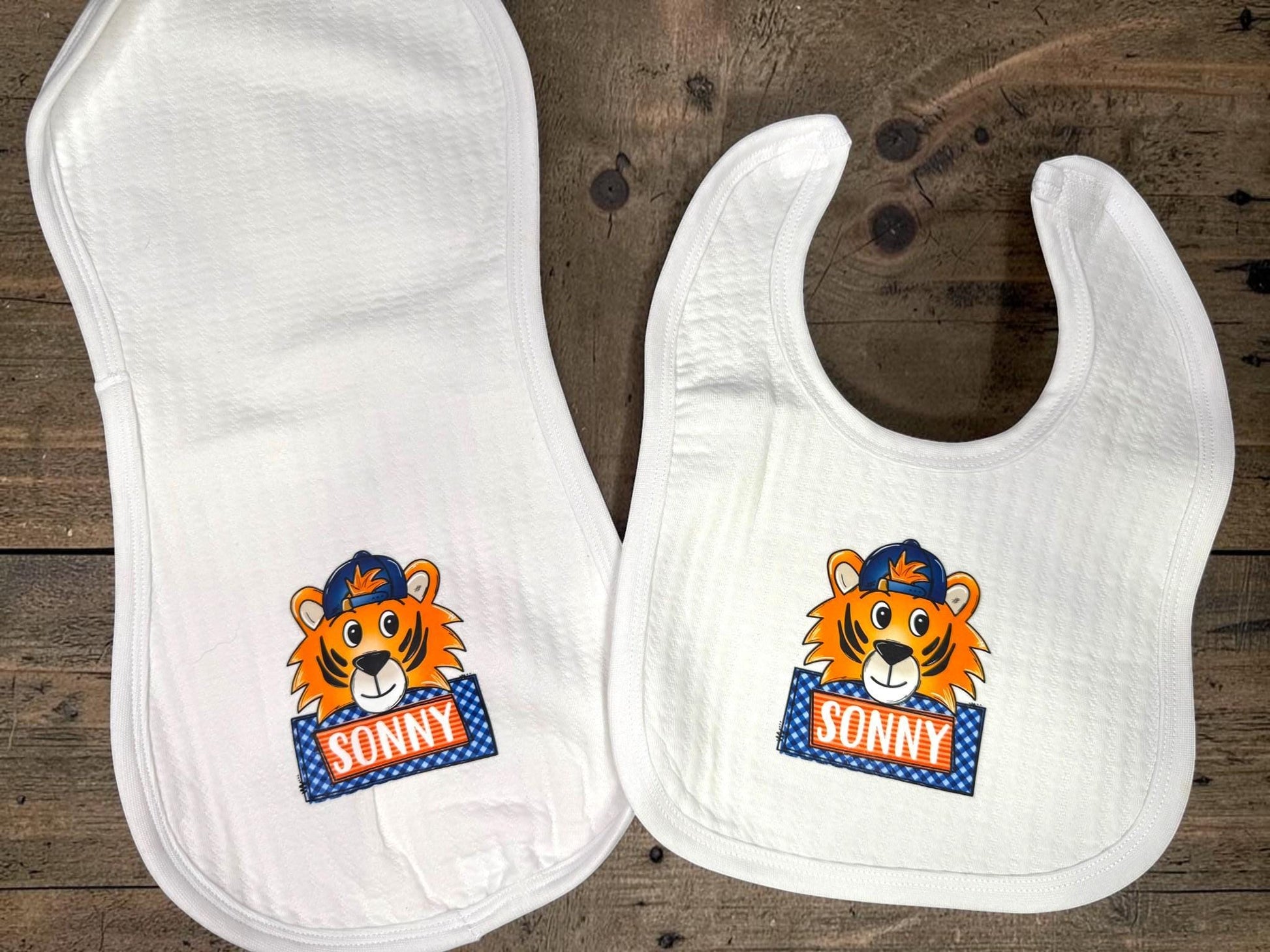 Personalized Tiger Baby Gift Set, Orange Blue Game Day Baby Blanket, Bib, Burp Cloth, Team Spirit Newborn Gift