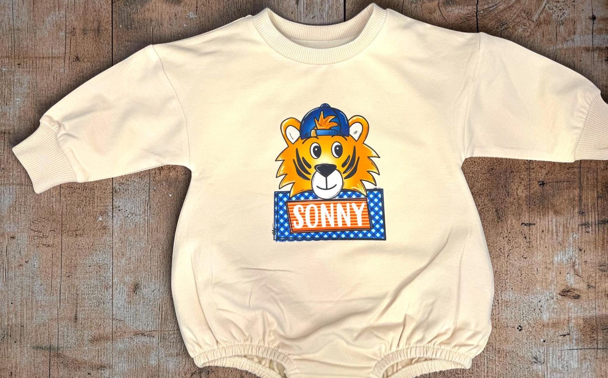 Personalized Tiger Baby Romper, Orange Blue Game Day Baby Outfit, Team Spirit Football Baby Boy Outfit, Personalized Tiger Gift