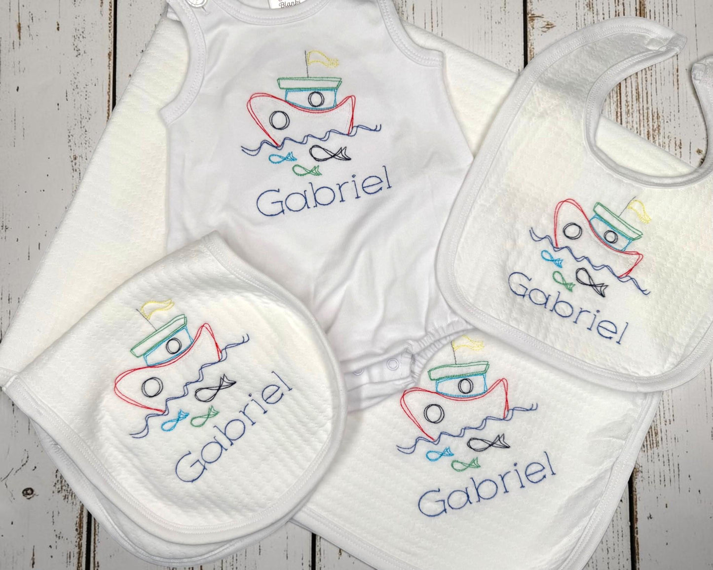 Personalized Baby Boy Bib, Burp Cloth or Blanket, Embroidered Sailboat Baby Gift, Nautical Baby Set