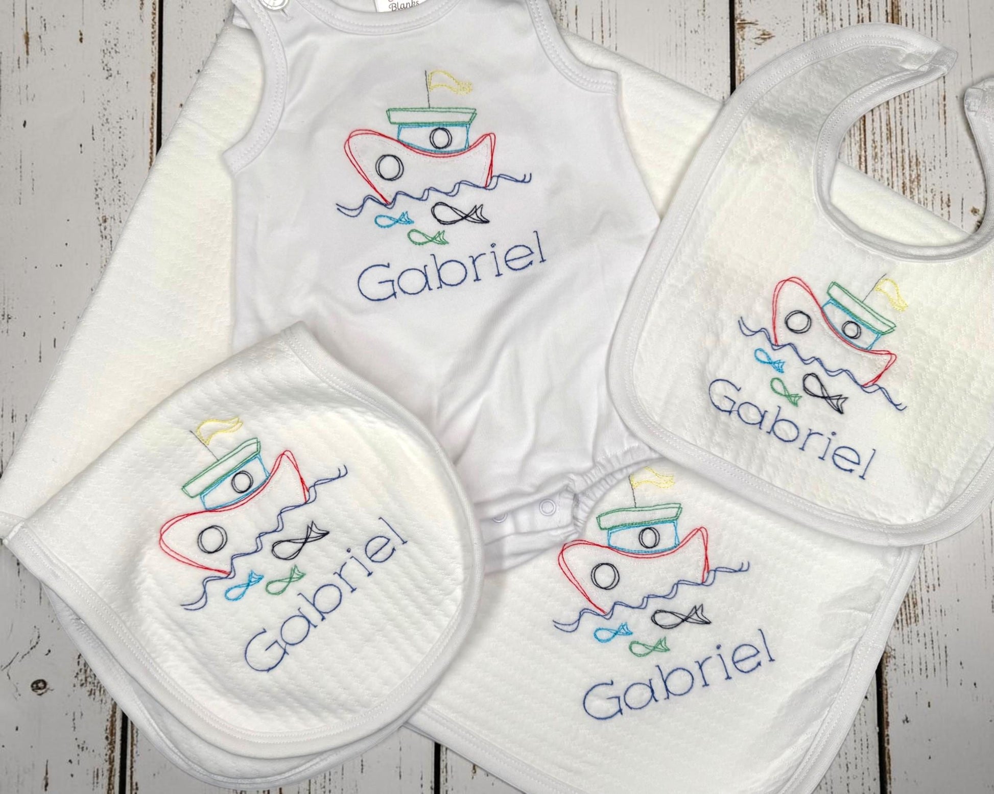 Personalized Baby Boy Bib, Burp Cloth or Blanket, Embroidered Sailboat Baby Gift, Nautical Baby Set