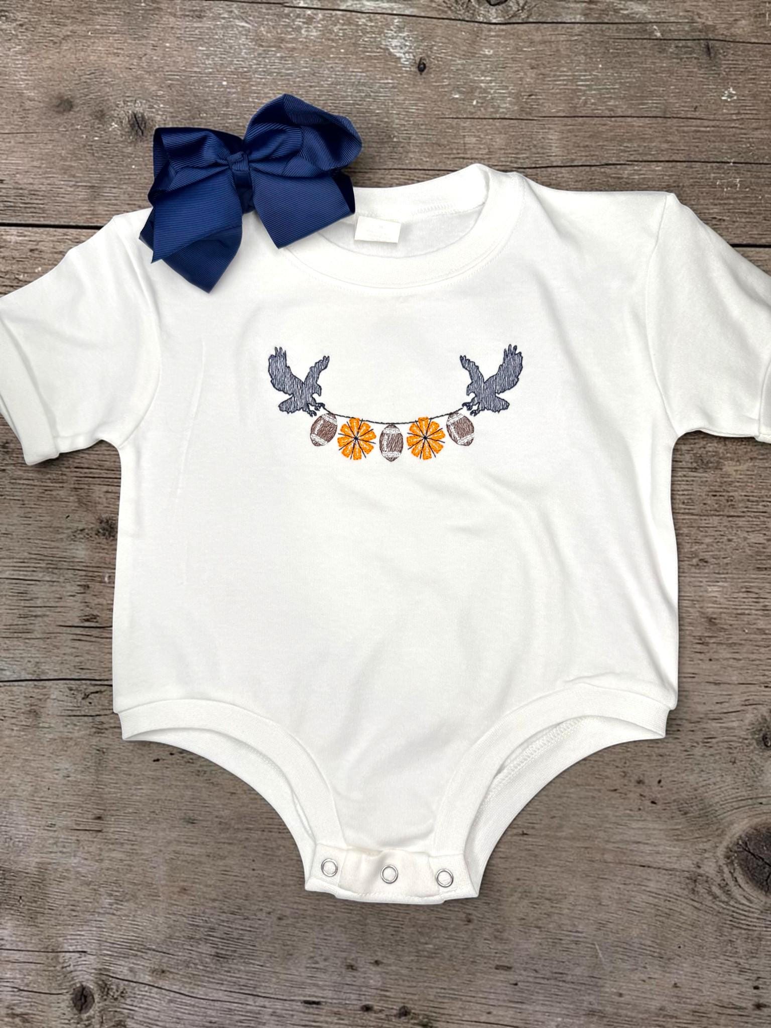Eagle Football Baby Bubble, Embroidered Game Day Baby Girl Romper, Orange and Blue Baby Outfit, Optional Bow