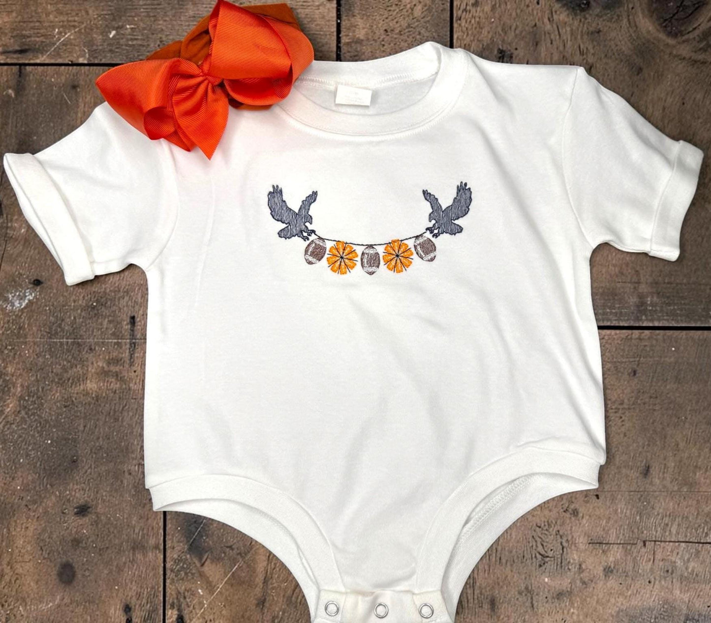 Eagle Football Baby Bubble, Embroidered Game Day Baby Girl Romper, Orange and Blue Baby Outfit, Optional Bow
