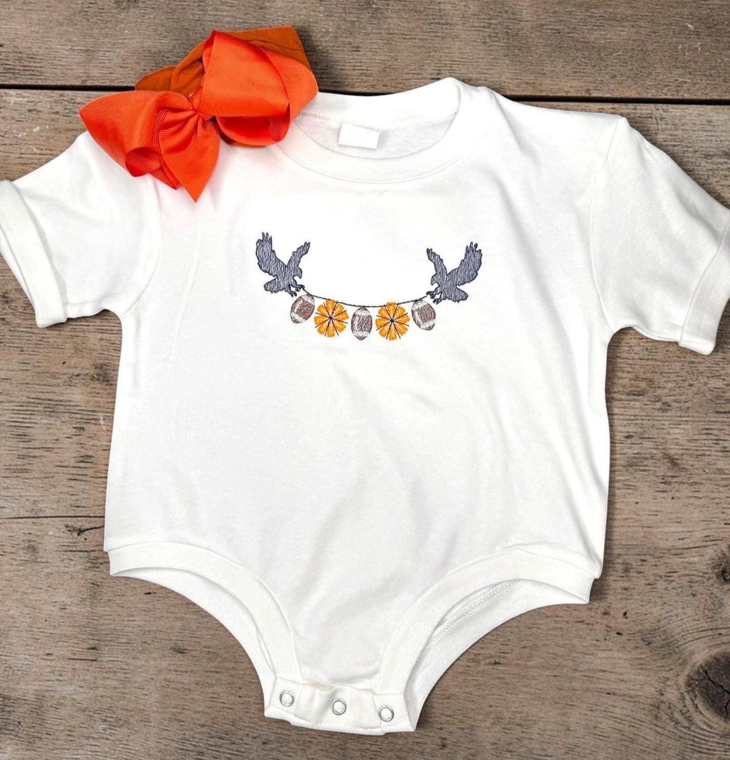 Eagle Football Baby Bubble, Embroidered Game Day Baby Girl Romper, Orange and Blue Baby Outfit, Optional Bow