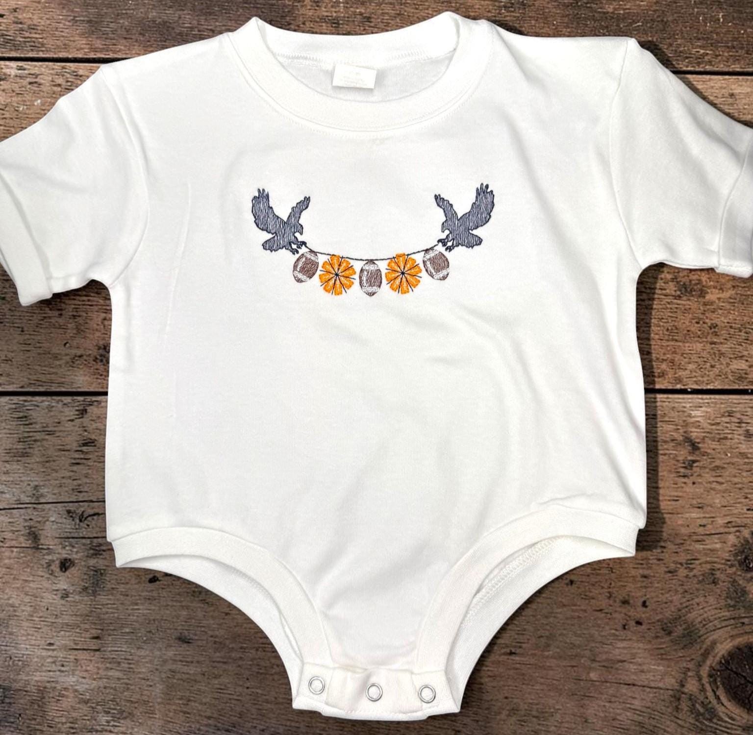 Eagle Football Baby Bubble, Embroidered Game Day Baby Girl Romper, Orange and Blue Baby Outfit, Optional Bow