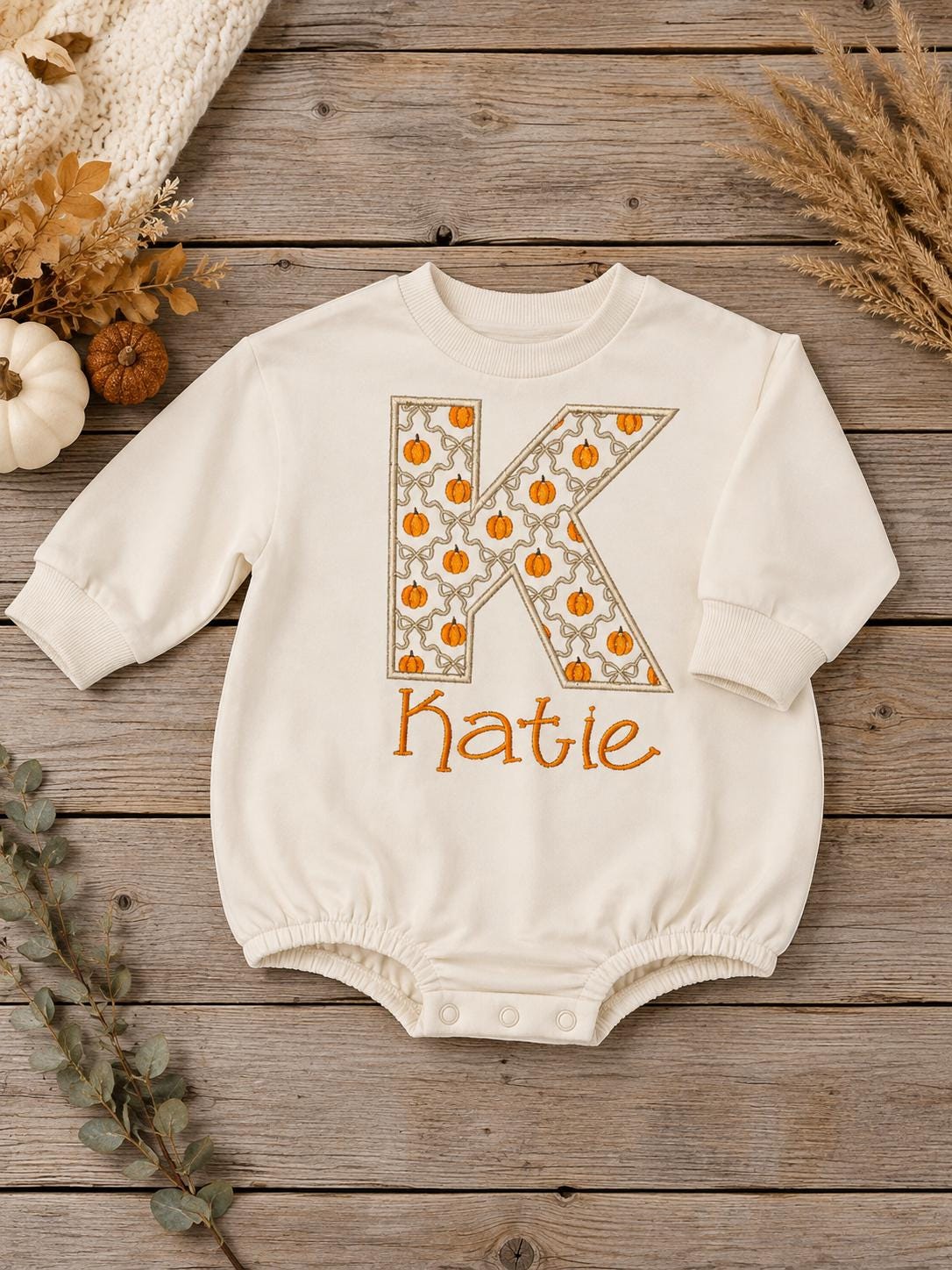 Personalized Pumpkin Baby Romper, Embroidered Initial Fall Outfit, Pumpkin Monogram Bubble, Thanksgiving Baby Girl Outfit