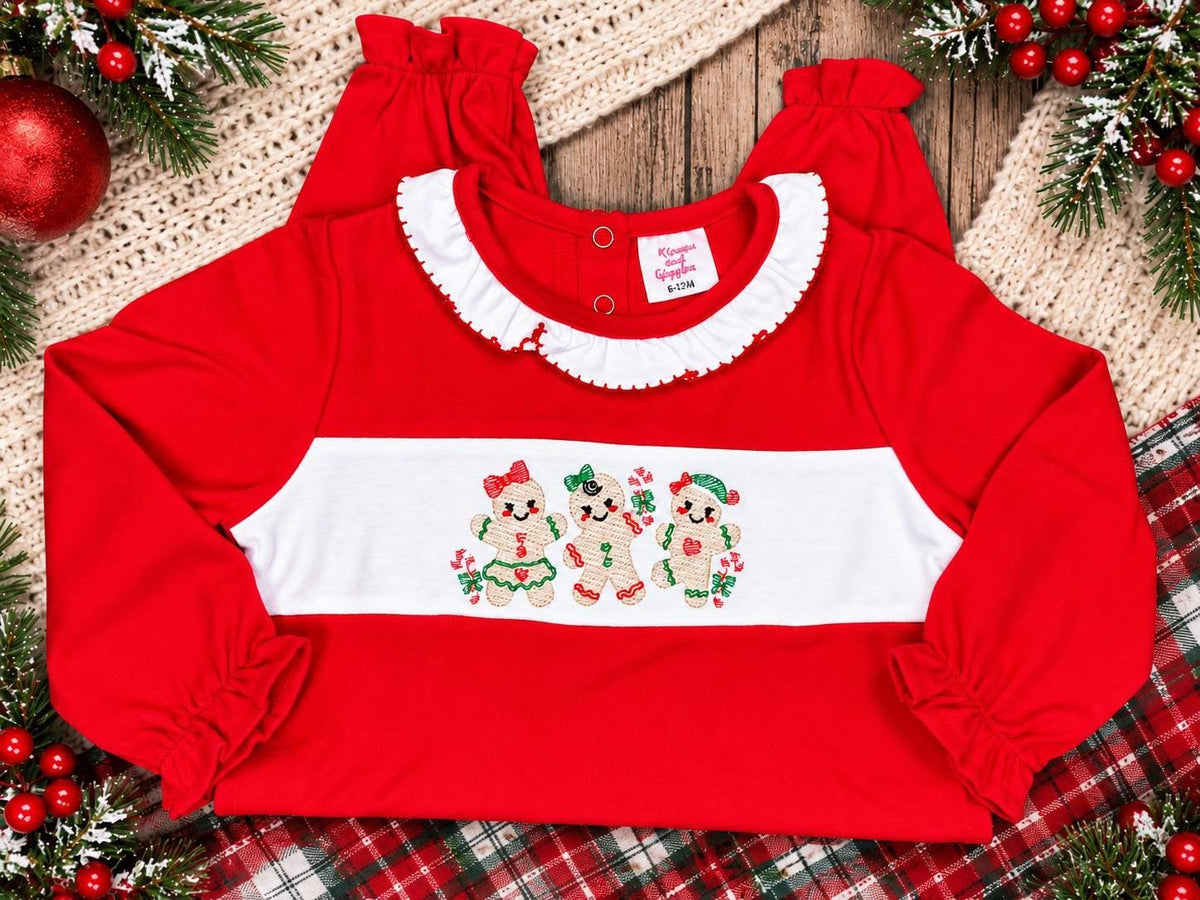 Girls Christmas Romper, Gingerbread Baby Outfit, Embroidered Christmas Romper, Red Holiday Baby Girl Outfit