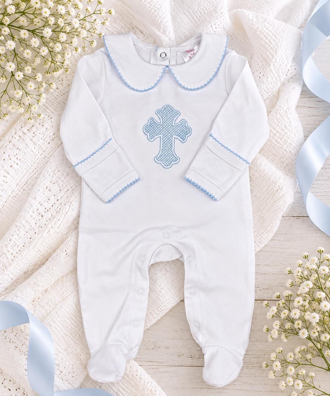 Baptism Outfit Boy, White Cotton Christening Set, Personalized Baby Blue Cross Heirloom Outfit