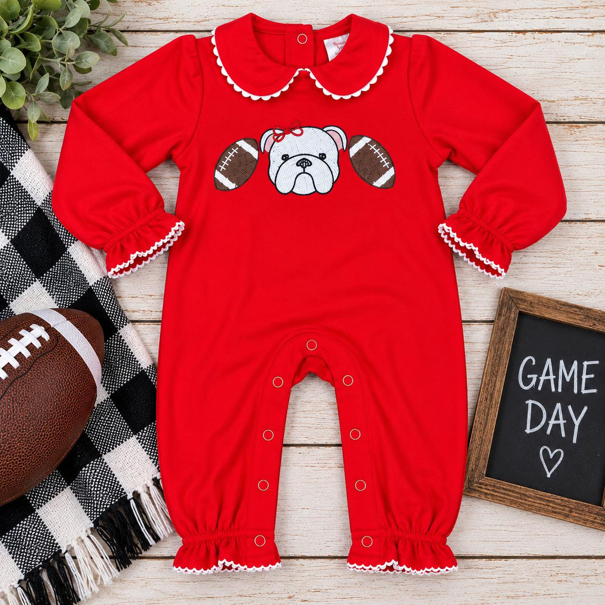 Bulldog Baby Romper, Embroidered Football Baby Outfit, Red Game Day Romper, Baby Girl Football Outfit, Bulldog Baby Gift