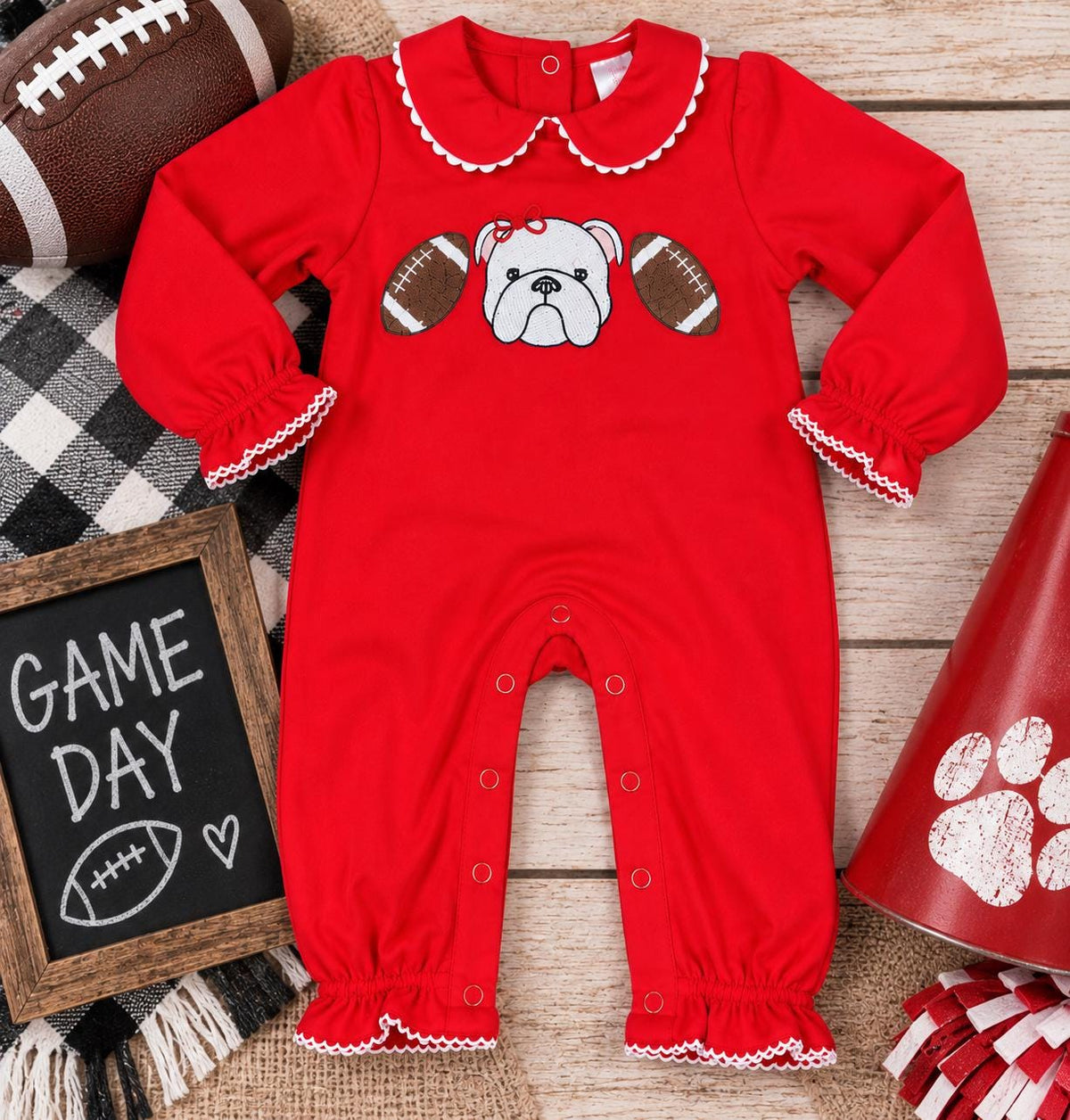 Bulldog Baby Romper, Embroidered Football Baby Outfit, Red Game Day Romper, Baby Girl Football Outfit, Bulldog Baby Gift
