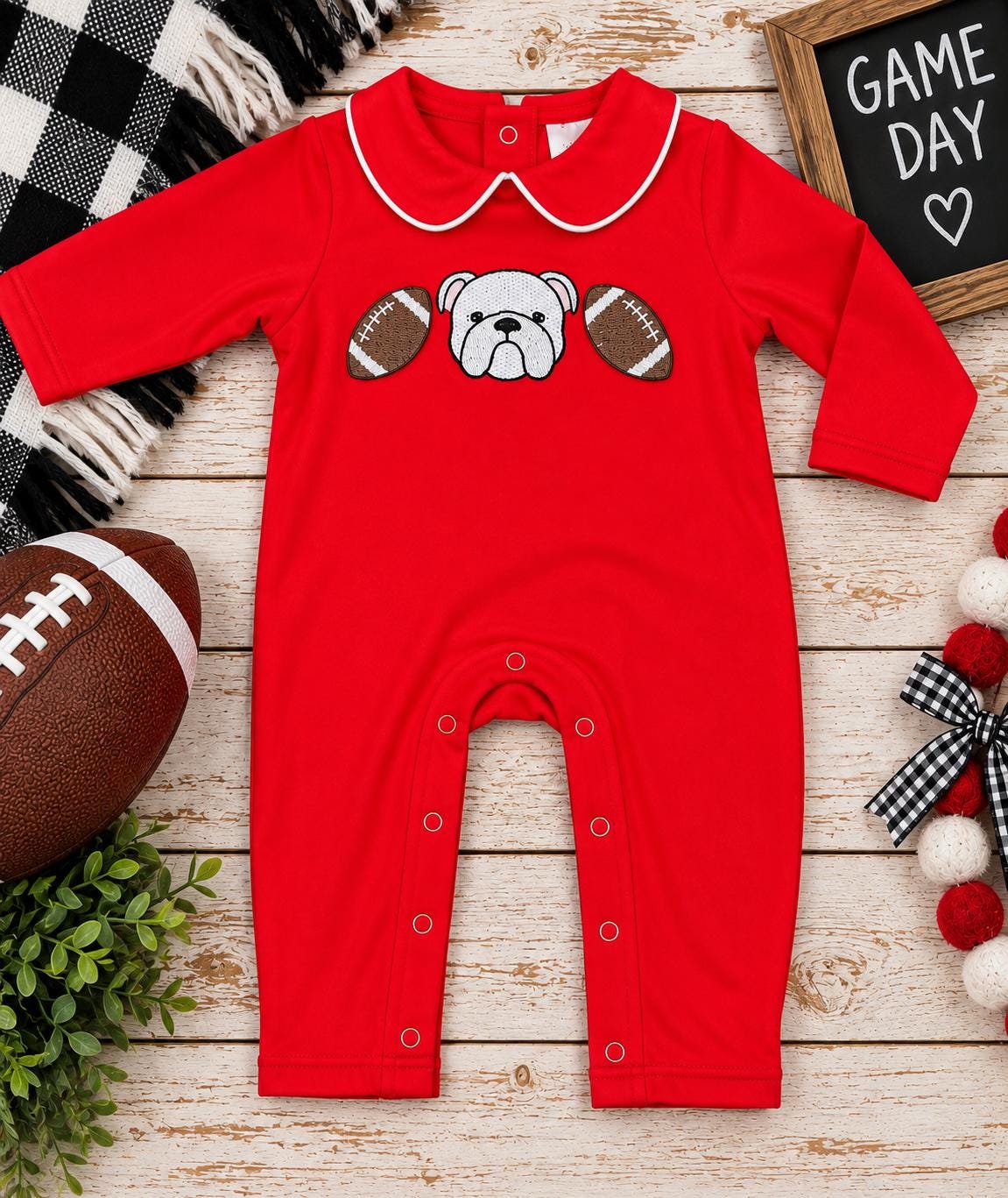 Embroidered Bulldog Football Baby Romper, Red Game Day Baby Outfit, Football Baby Boy Romper, Personalized Baby Gift