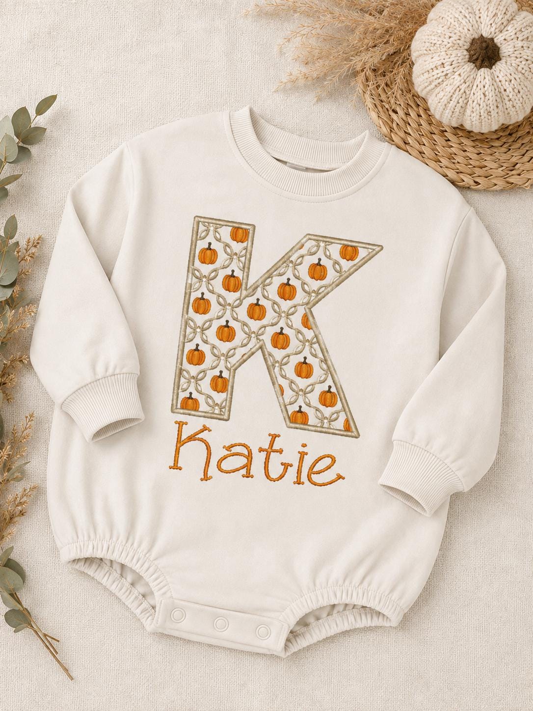 Personalized Pumpkin Baby Romper, Embroidered Initial Fall Outfit, Pumpkin Monogram Bubble, Thanksgiving Baby Girl Outfit
