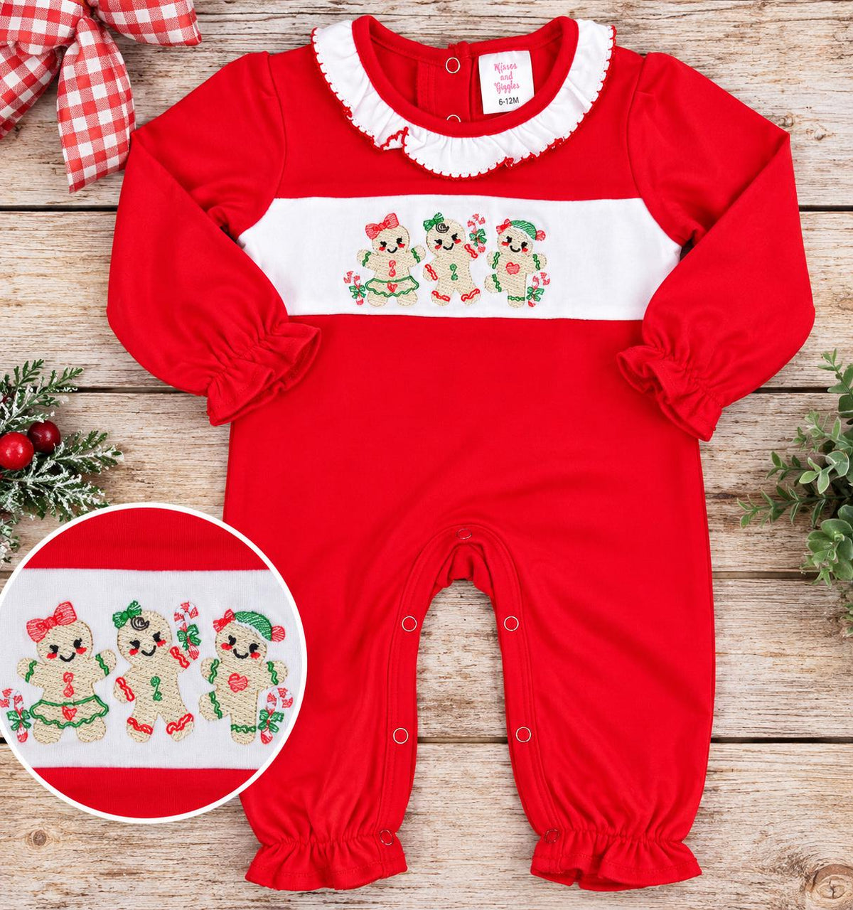 Girls Christmas Romper, Gingerbread Baby Outfit, Embroidered Christmas Romper, Red Holiday Baby Girl Outfit