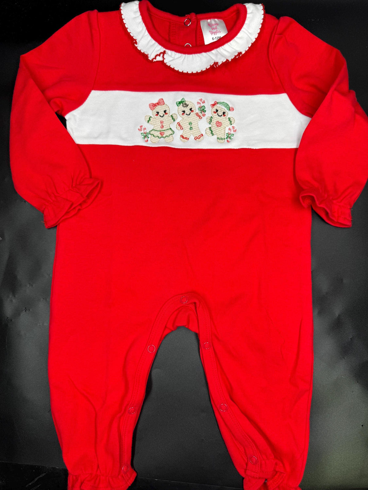 Girls Christmas Romper, Gingerbread Baby Outfit, Embroidered Christmas Romper, Red Holiday Baby Girl Outfit