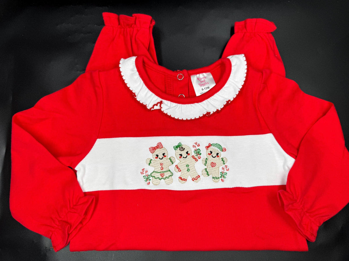 Girls Christmas Romper, Gingerbread Baby Outfit, Embroidered Christmas Romper, Red Holiday Baby Girl Outfit