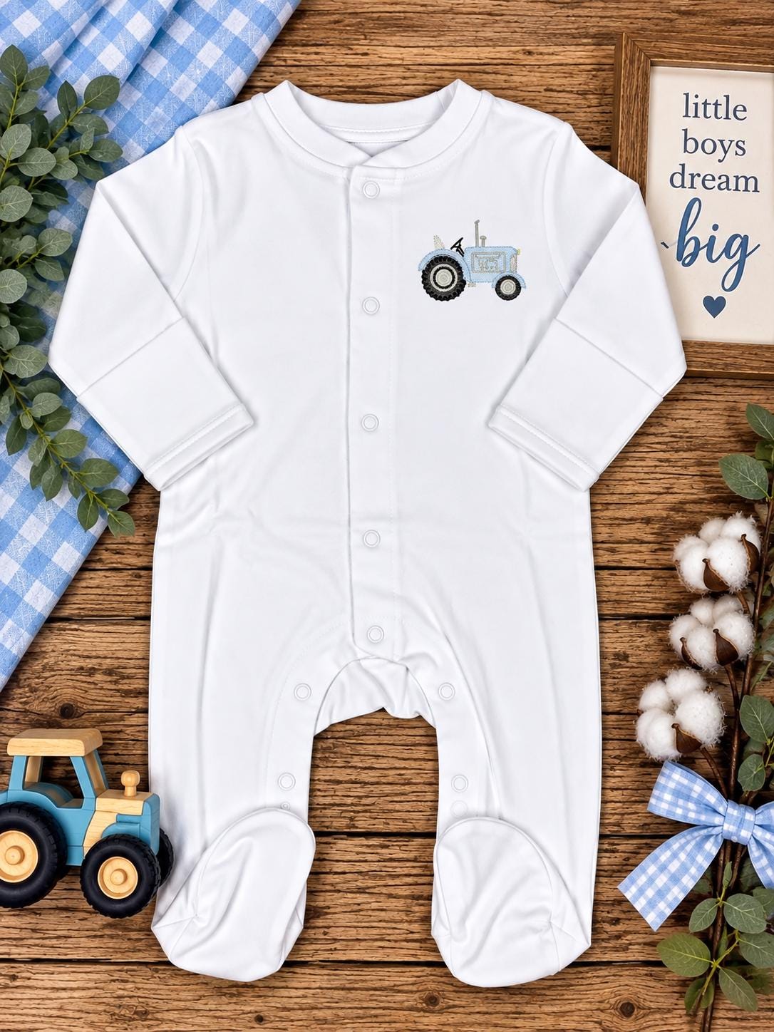 Blue Tractor Baby Footie, Embroidered Baby Boy Outfit, Personalized Farm Baby Romper, Newborn Coming Home Outfit