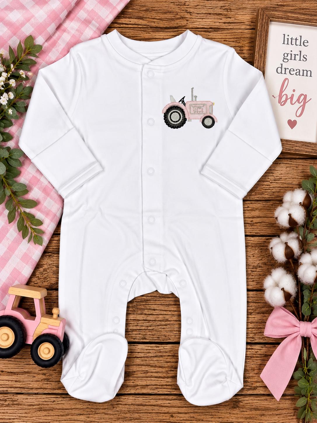 Pink Tractor Baby Footie, Embroidered Farm Girl Outfit, Personalized Baby Girl Romper, Country Newborn Gift