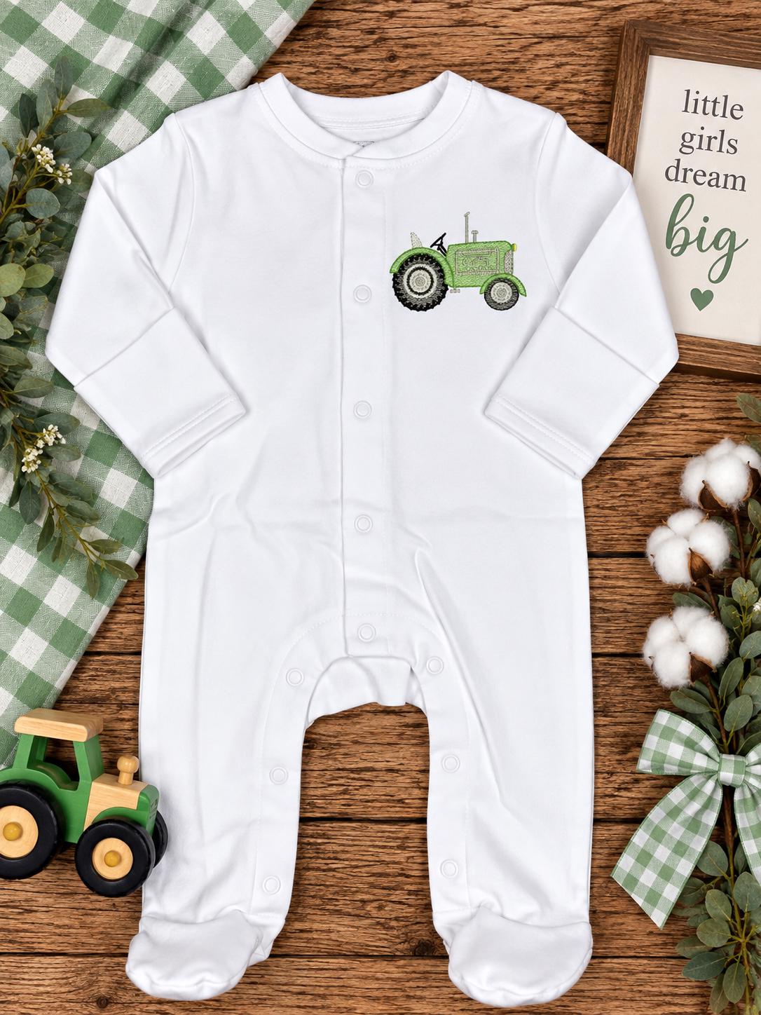 Green Tractor Baby Footie, Embroidered Farm Baby Boy Outfit, Personalized Country Baby Romper, Newborn Farm Gift
