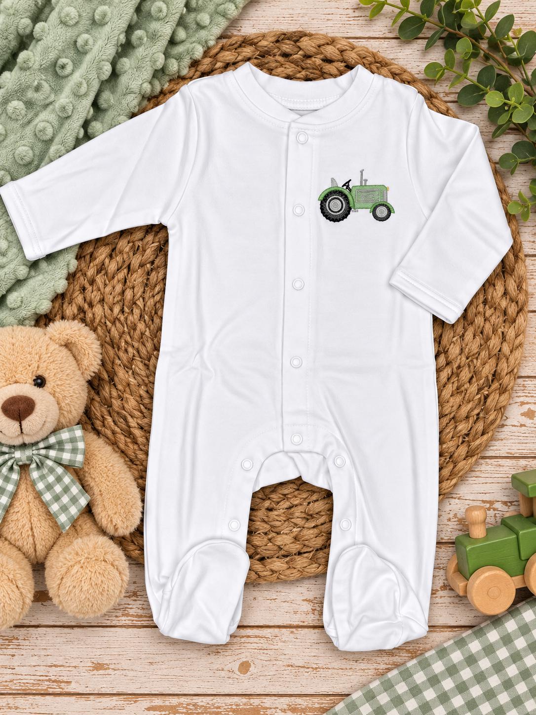 Green Tractor Baby Footie, Embroidered Farm Baby Boy Outfit, Personalized Country Baby Romper, Newborn Farm Gift