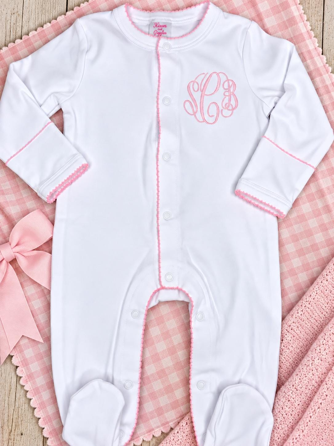 Personalized Monogram Baby Girl Footie | Pink Picot Trim Embroidered Newborn Outfit