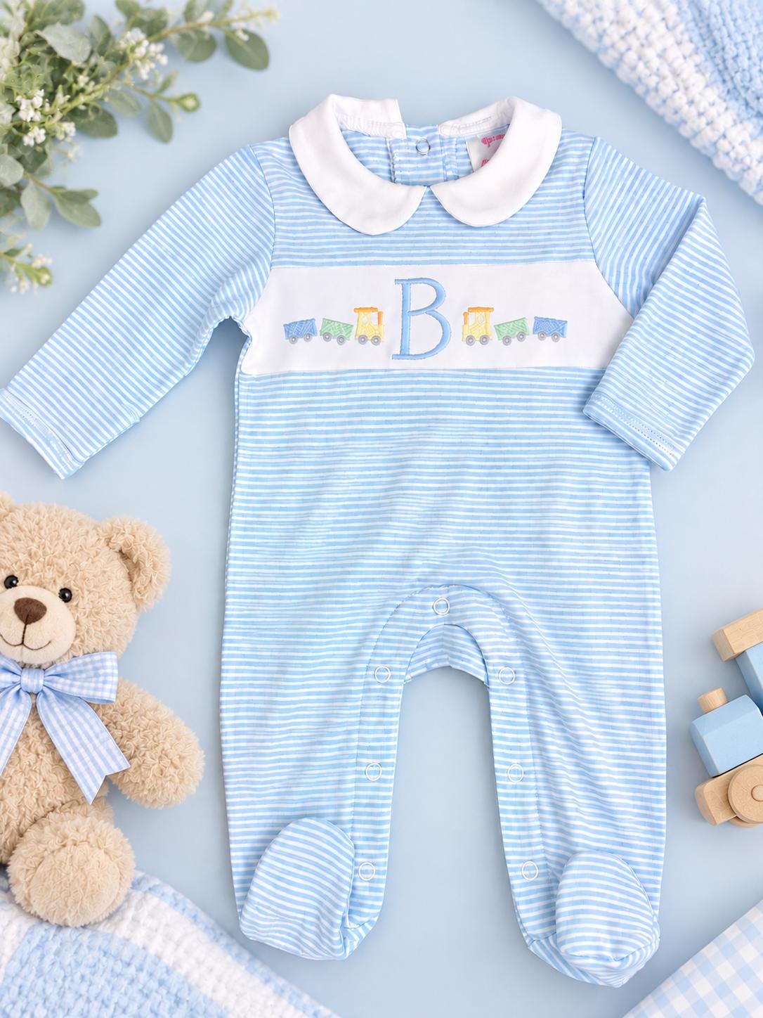 Personalized Train Baby Footie – Embroidered Initial Baby Boy Outfit
