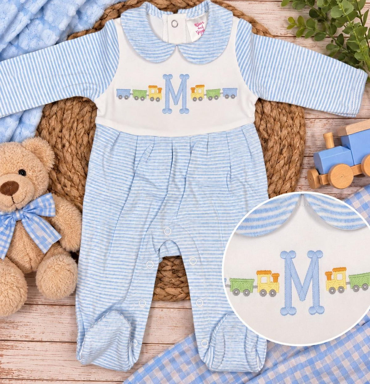 Personalized Baby Boy Footie, Embroidered Train Initial Romper, Blue Stripe Baby Outfit, Monogram Newborn Boy Gift