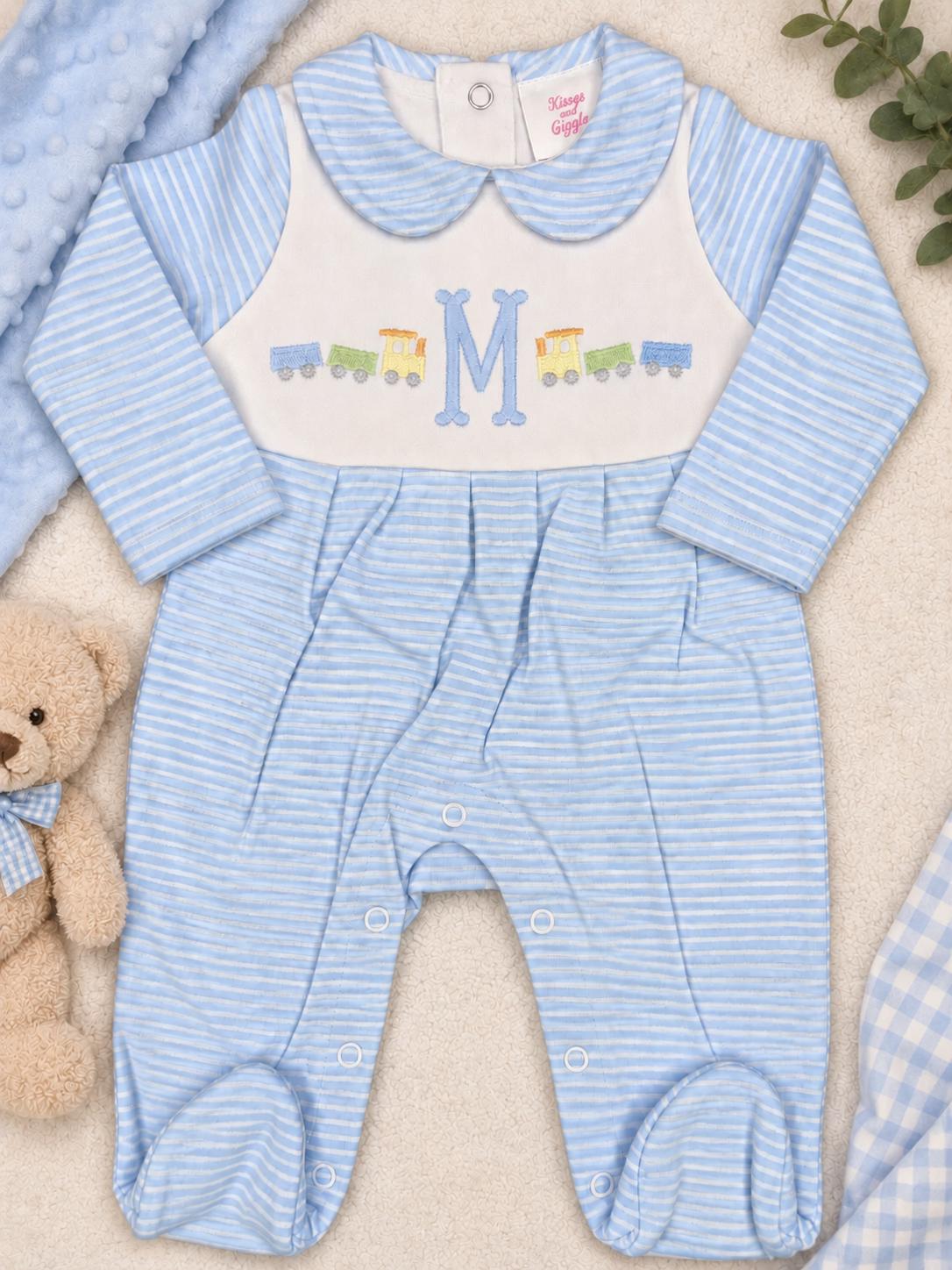 Personalized Baby Boy Footie, Embroidered Train Initial Romper, Blue Stripe Baby Outfit, Monogram Newborn Boy Gift