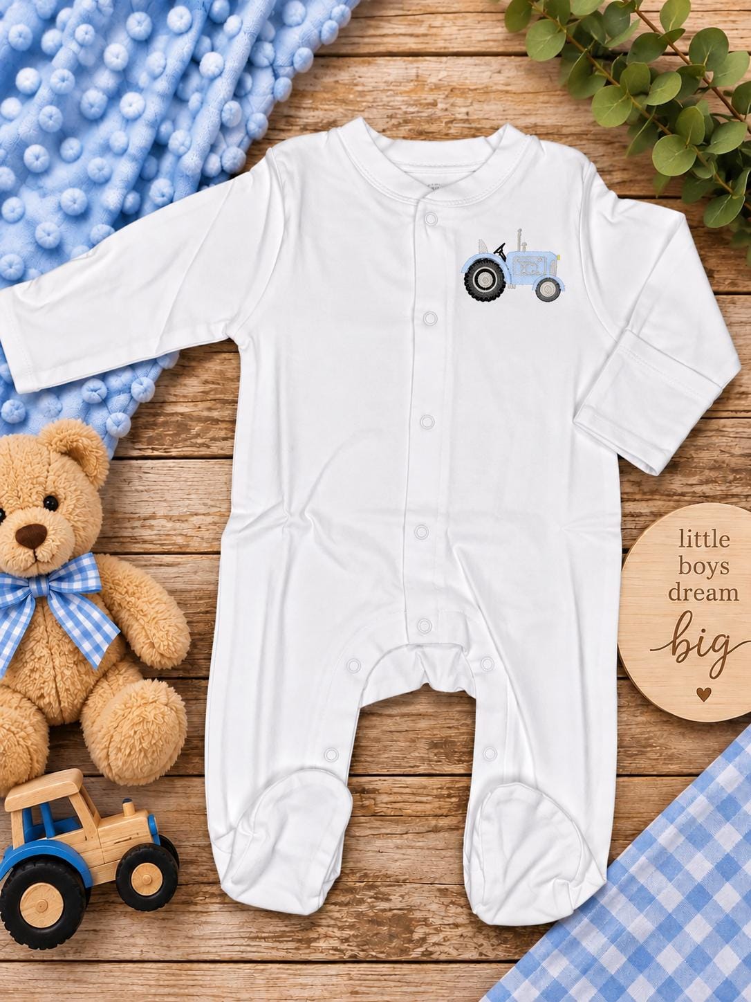 Blue Tractor Baby Footie, Embroidered Baby Boy Outfit, Personalized Farm Baby Romper, Newborn Coming Home Outfit
