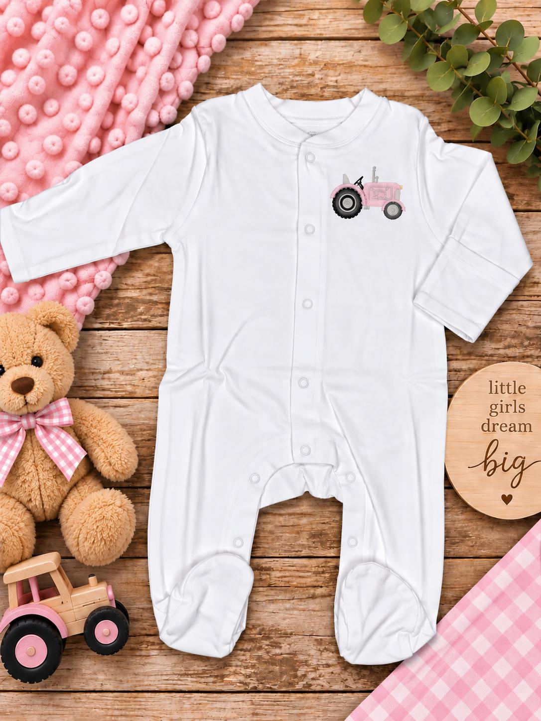 Pink Tractor Baby Footie, Embroidered Farm Girl Outfit, Personalized Baby Girl Romper, Country Newborn Gift