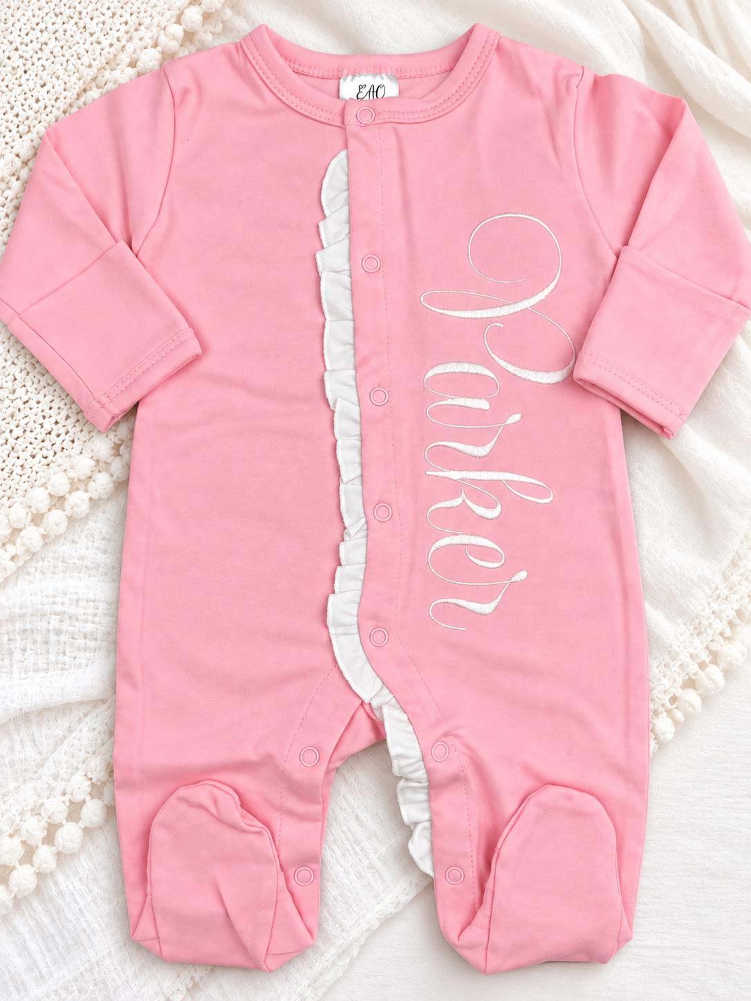 Monogrammed Baby Girl Footie, Pink Ruffle Newborn Outfit