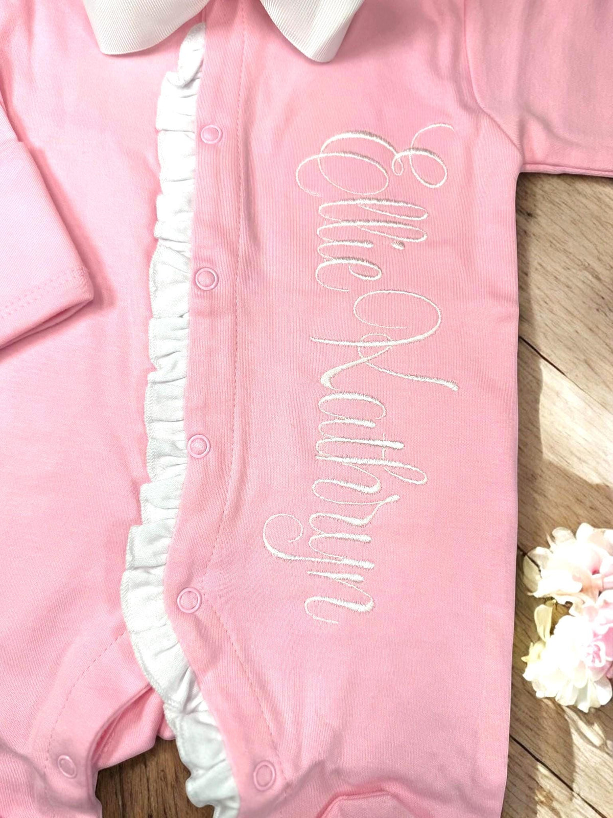 Monogrammed Baby Girl Footie, Pink Ruffle Newborn Outfit