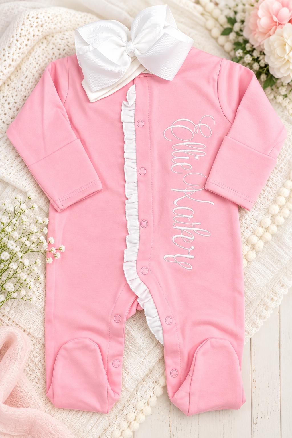 Monogrammed Baby Girl Footie, Pink Ruffle Newborn Outfit