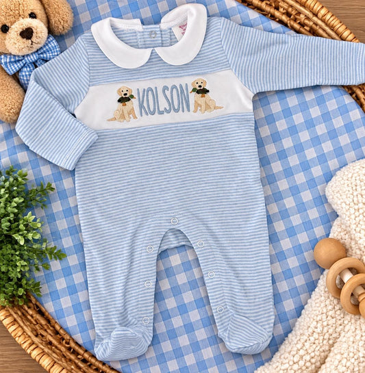 Personalized Puppy & Duck Baby Footie, Baby Blanket Bib Burp Cloth, Boy Newborn Gift