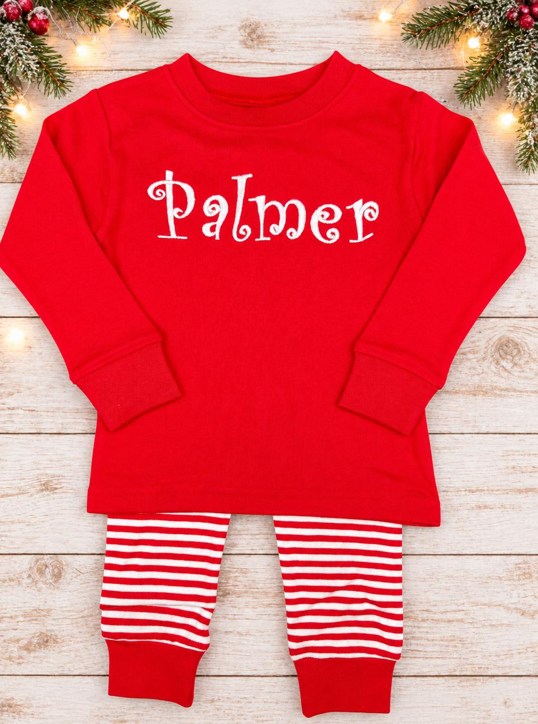 Personalized Kids Christmas Loungewear, Embroidered Holiday Outfit