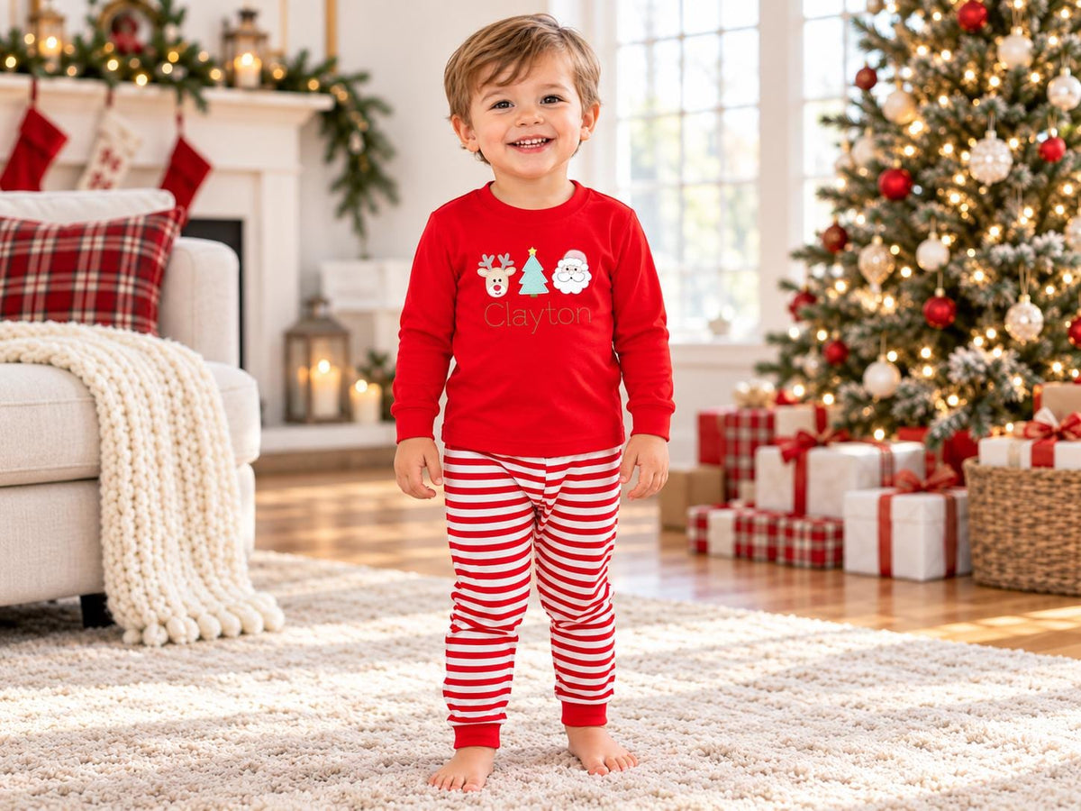 Monogrammed Christmas Pajamas, Santa Reindeer Tree Applique