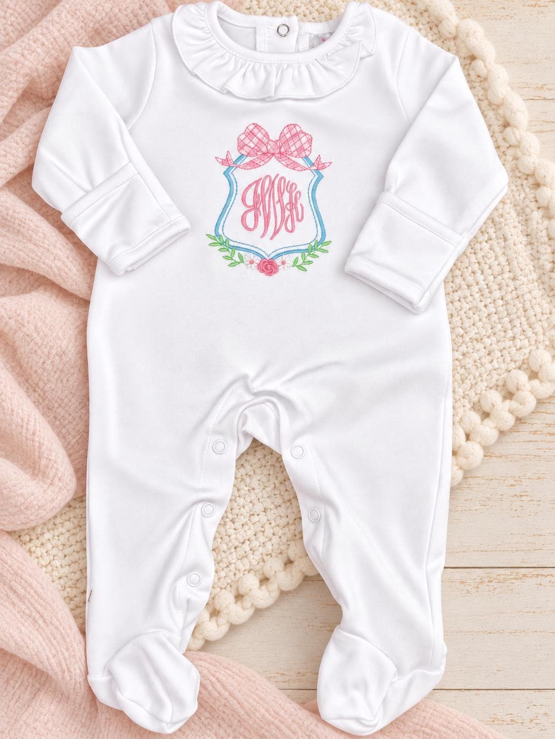 Personalized Newborn Footie: Floral Monogram, White Cotton Knit